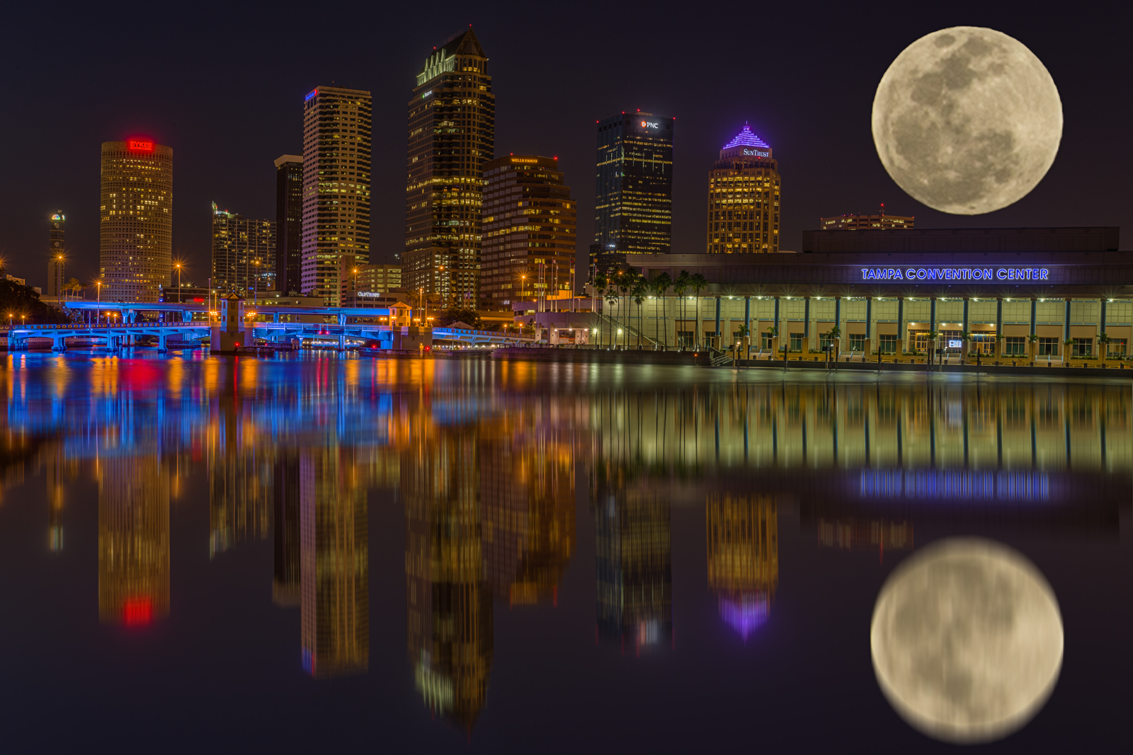 Tampa Skyline Huge Moon Reflection, Tampa, Florida