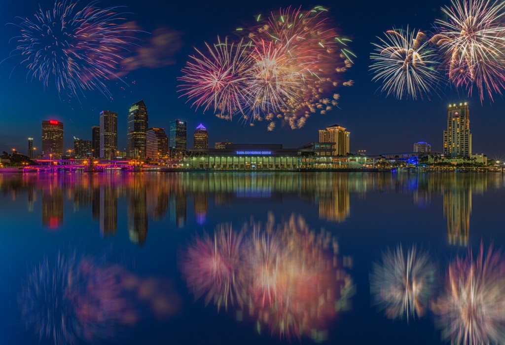 Tampa Skyline with Reflection and Fireworks Composite Matthew