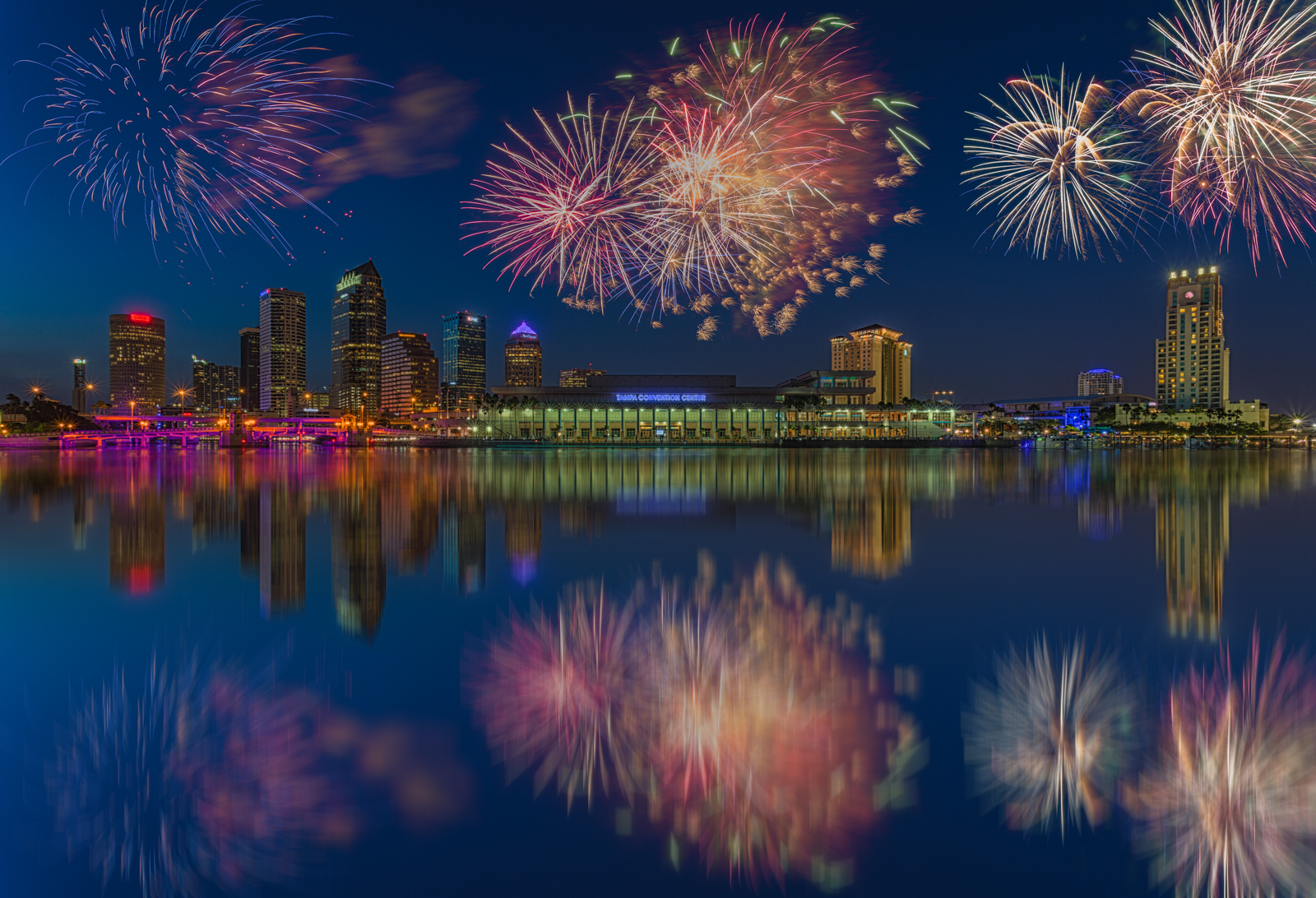 Tampa Skyline Wide Fireworks Reflection Composite, Tampa, Florida