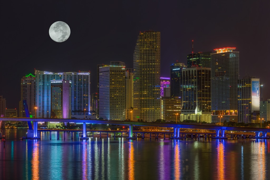 Miami Skyline Tight with Blue Moon Composite, Miami, Florida