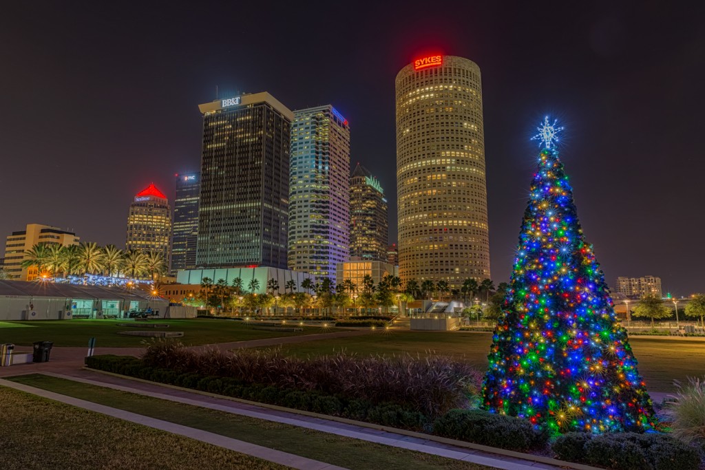 Curtis Hixon Park Christmas Tree and Tampa Skyline, Tampa, Florida