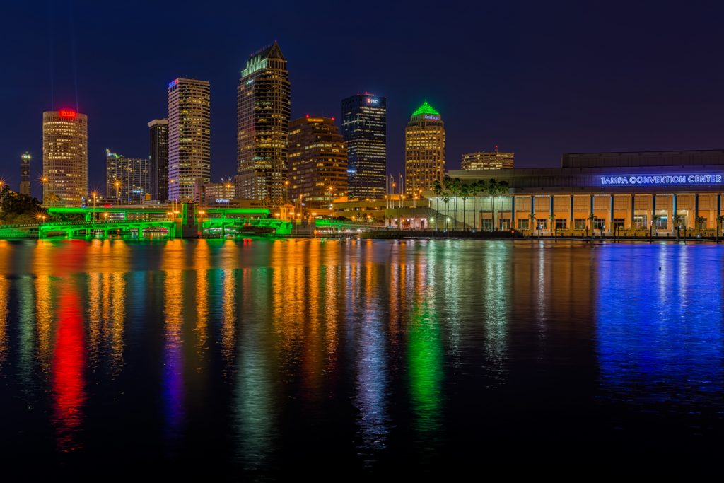 St Patrick's Day Tampa Skyline Reflection Wide, Tampa, Florida