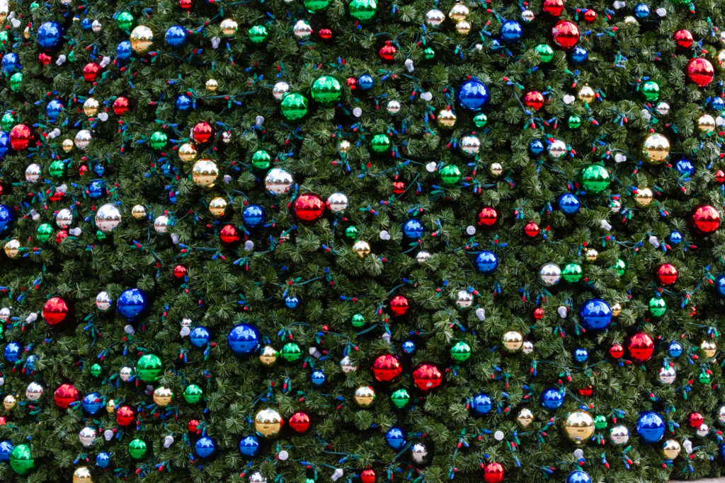Christmas Ornaments on tree at ZooTampa, Tampa, Florida