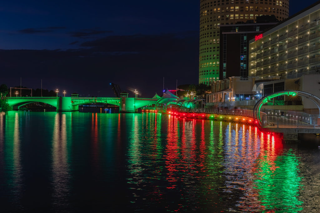 Tampa Riverwalk in Christmas Colors