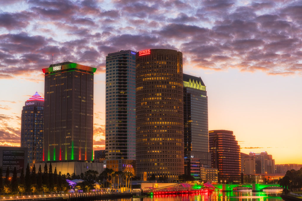 Tampa Skyline Sunrise with Christmas Colors
