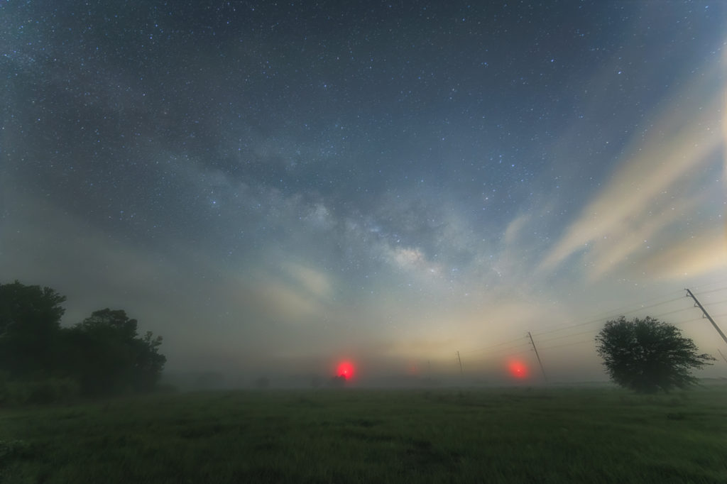 Milky Way, Fog and Power Poles and Clouds